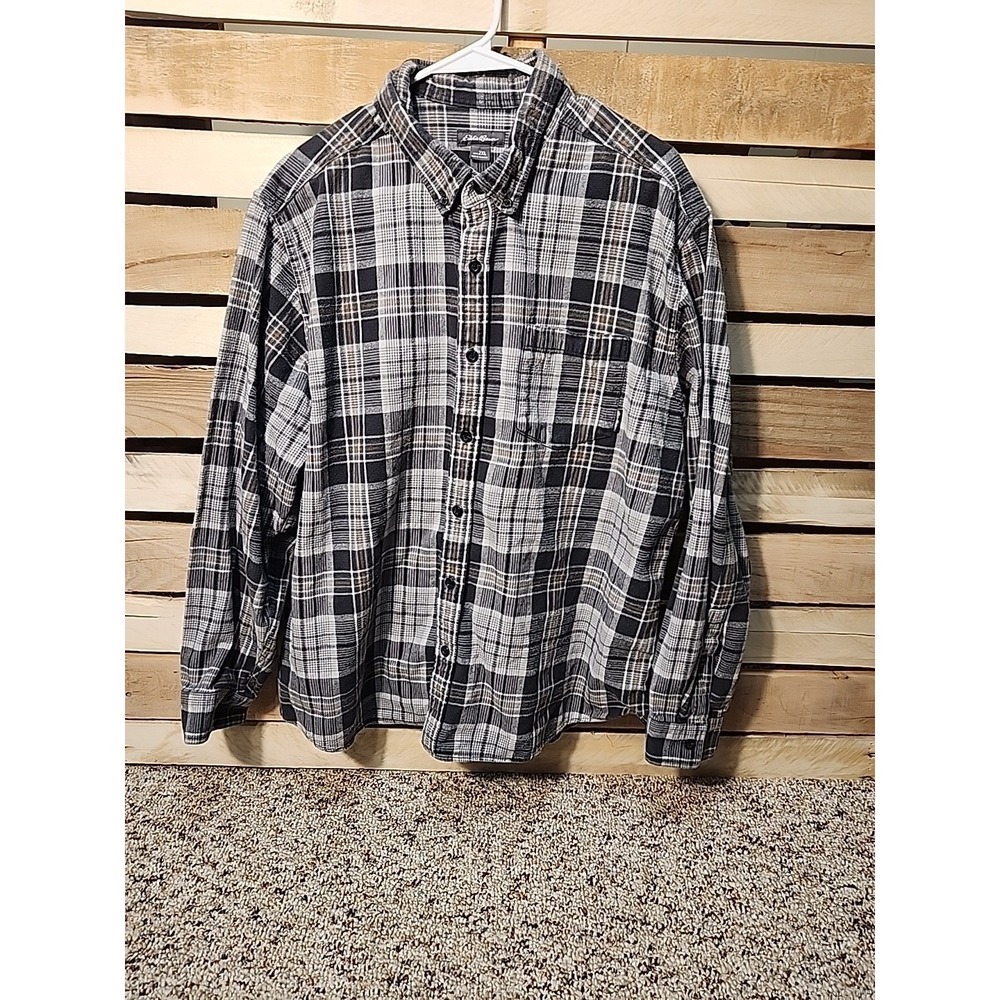 Eddie Bauer Mens Flannel Shirt Size 2xl Gray Plaid Button Up Pocket Long Sleeve